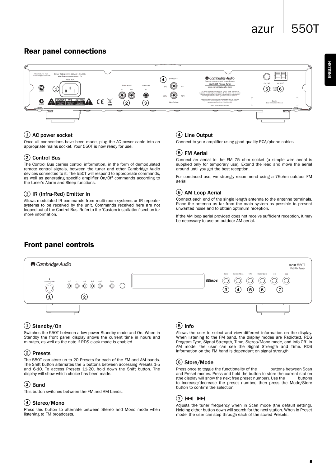 Cambridge Audio 550T user manual Rear panel connections, Front panel controls 