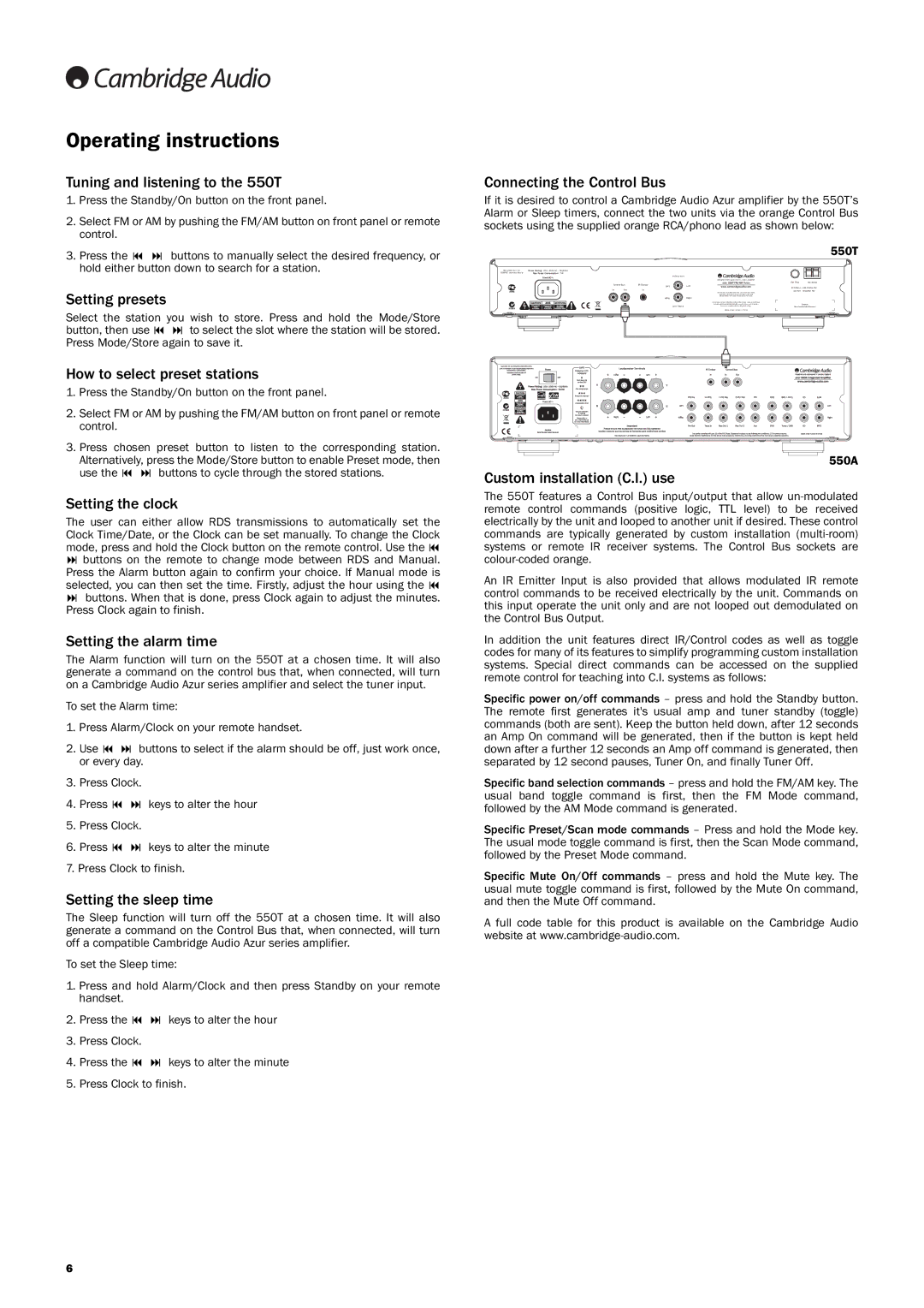 Cambridge Audio 550T user manual Operating instructions 