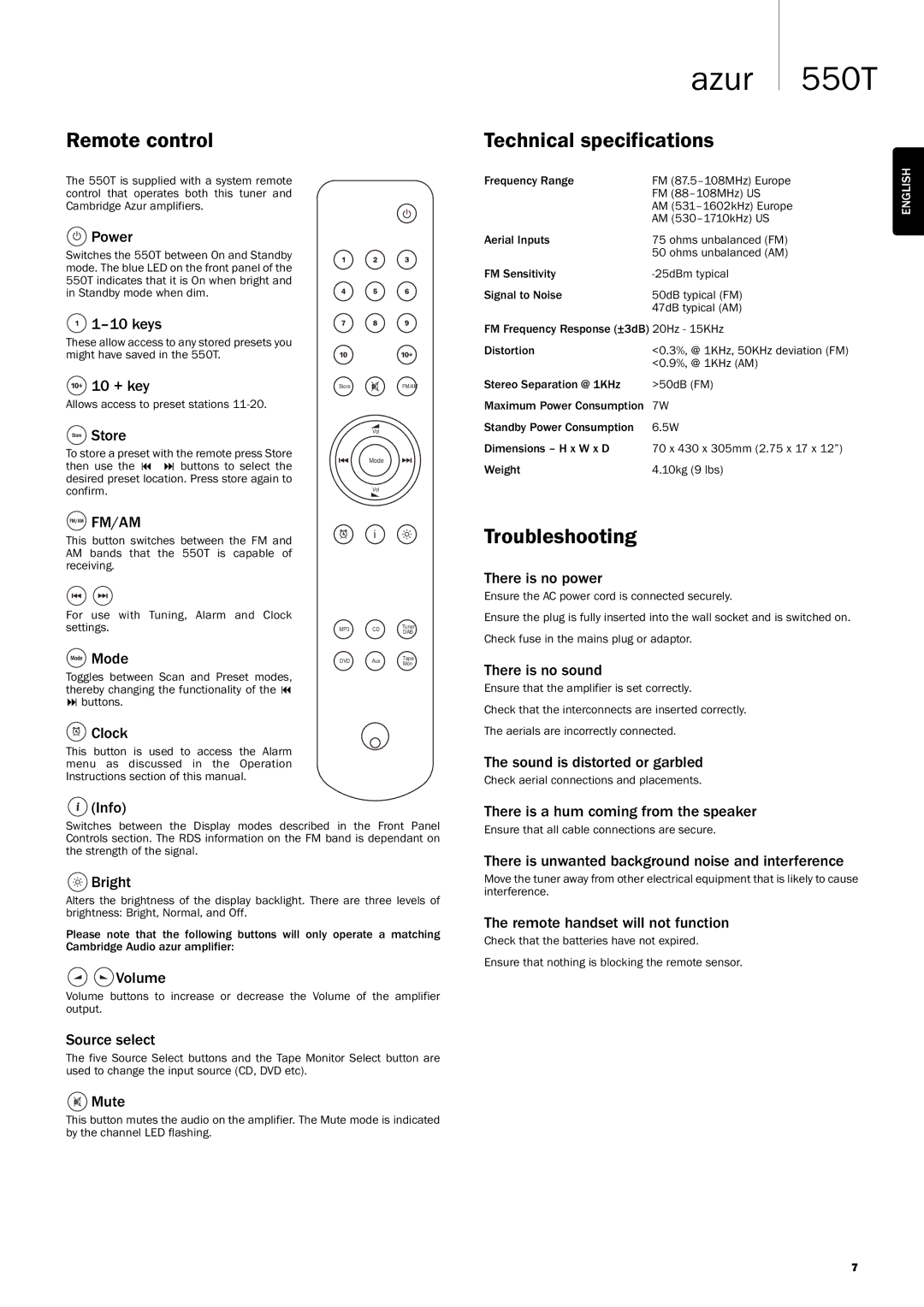 Cambridge Audio 550T user manual Remote control, Technical specifications, Troubleshooting 