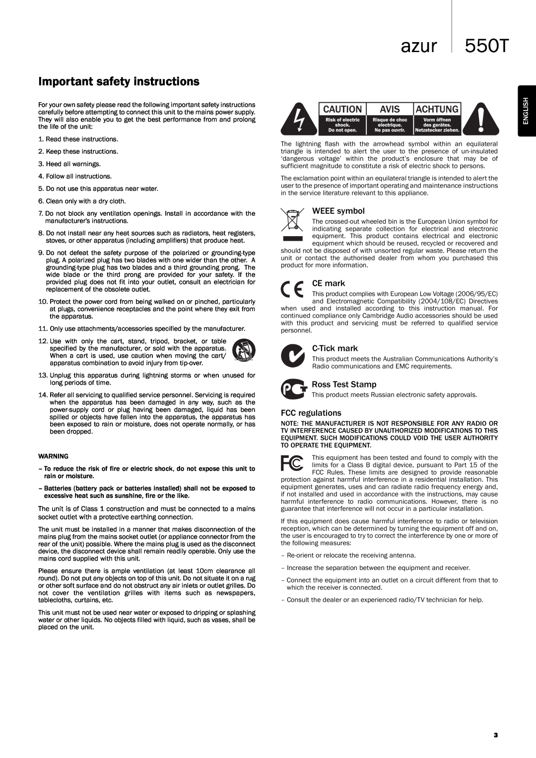 Cambridge Audio user manual azur 550T, Important safety instructions, English 