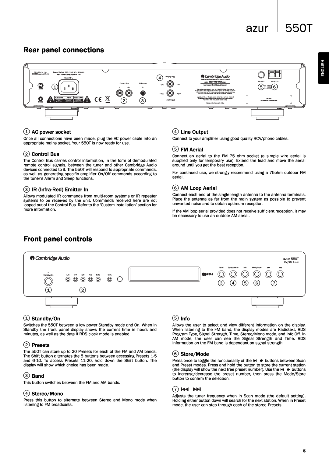 Cambridge Audio user manual Rear panel connections, Front panel controls, azur 550T 