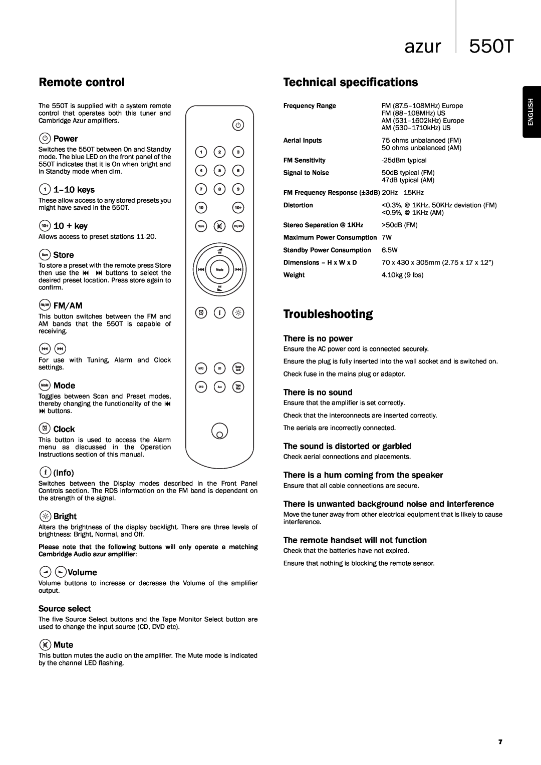 Cambridge Audio 550T user manual azur, Remote control, Technical specifications, Troubleshooting, 10 + key, Store 