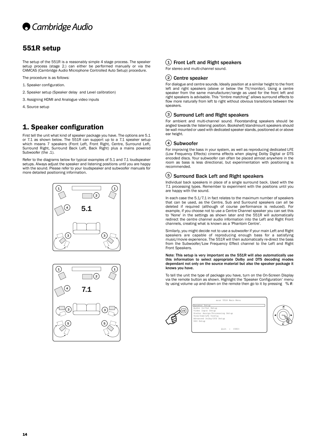 Cambridge Audio user manual 551Rsetup, Speakerconfiguration 