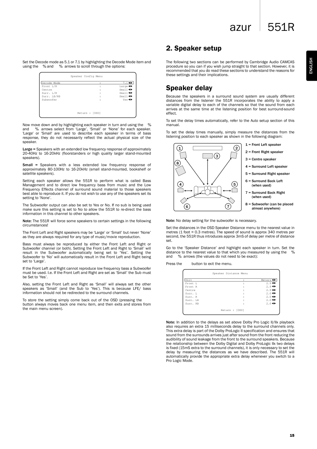 Cambridge Audio 551R user manual Speakersetup, Speakerdelay, PresstheOSDbuttontoexitthemenu 