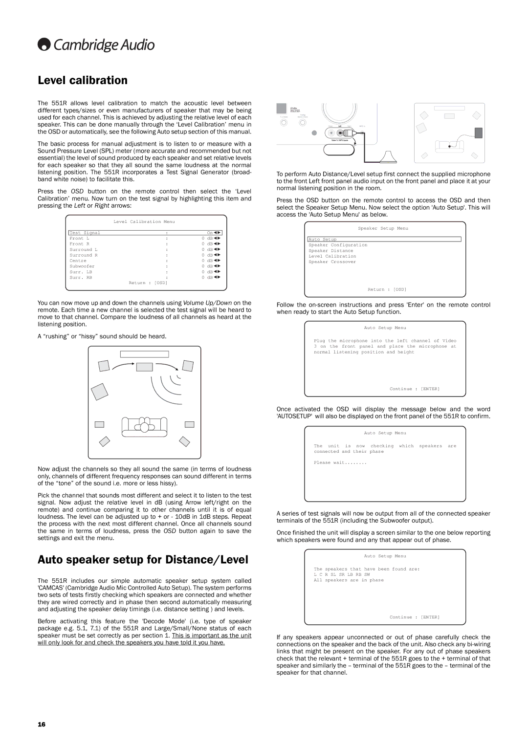 Cambridge Audio 551R user manual Levelcalibration, AutospeakersetupforDistance/Level, Arushingorhissysoundshouldbeheard 