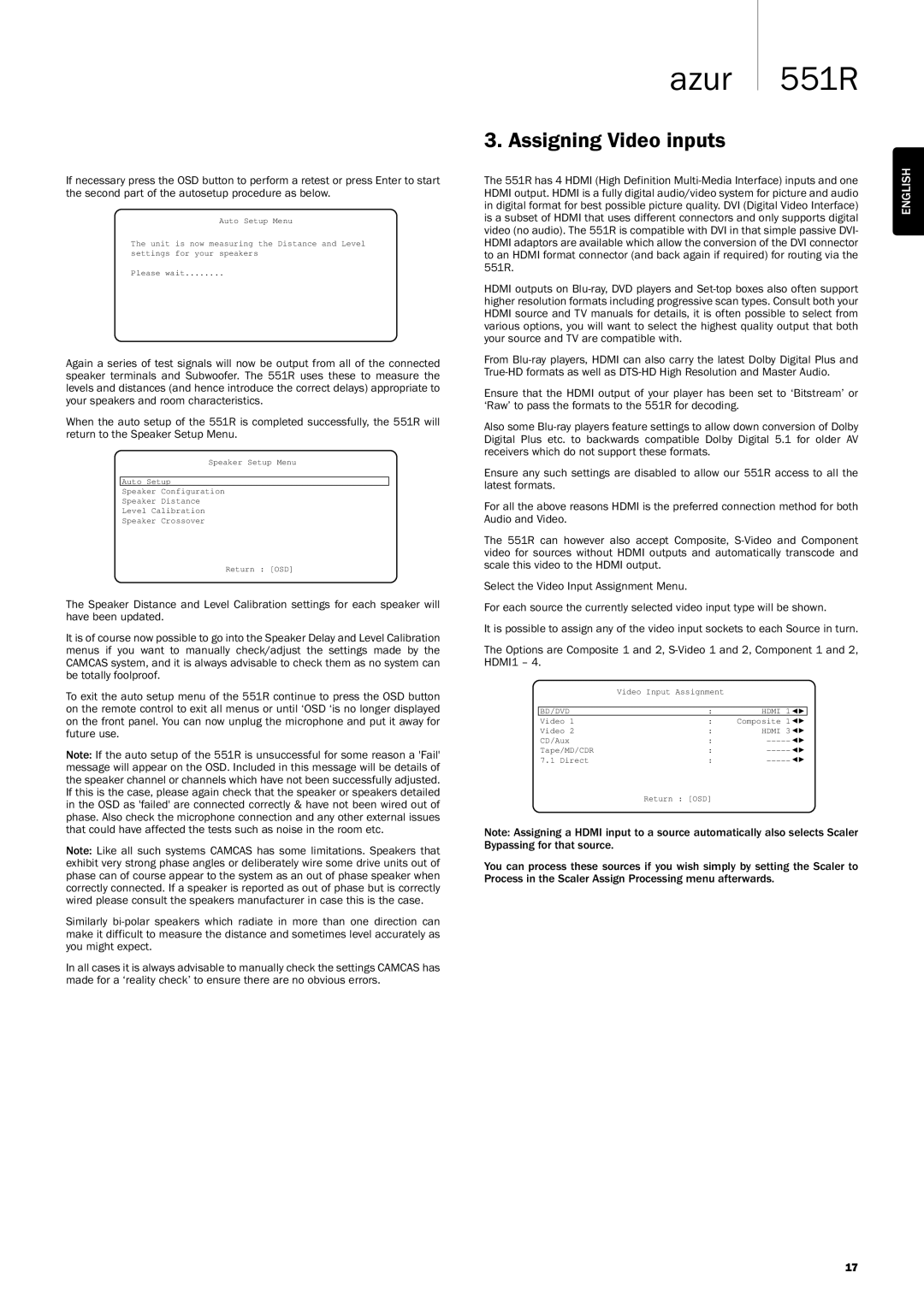 Cambridge Audio 551R AssigningVideoinputs, Bypassingforthatsource, ProcessintheScalerAssignProcessingmenuafterwards 