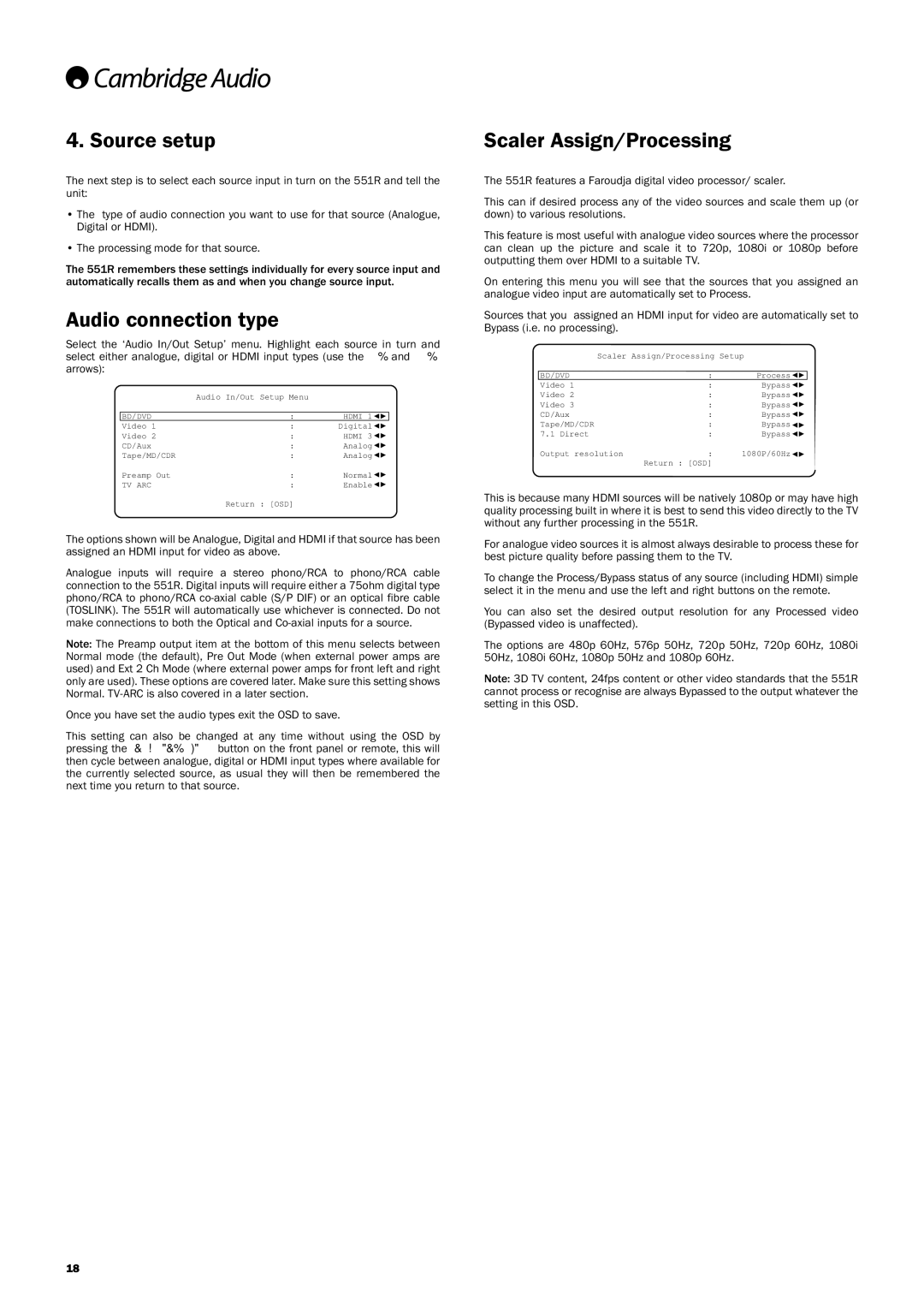 Cambridge Audio 551R user manual Sourcesetup, Audioconnectiontype 