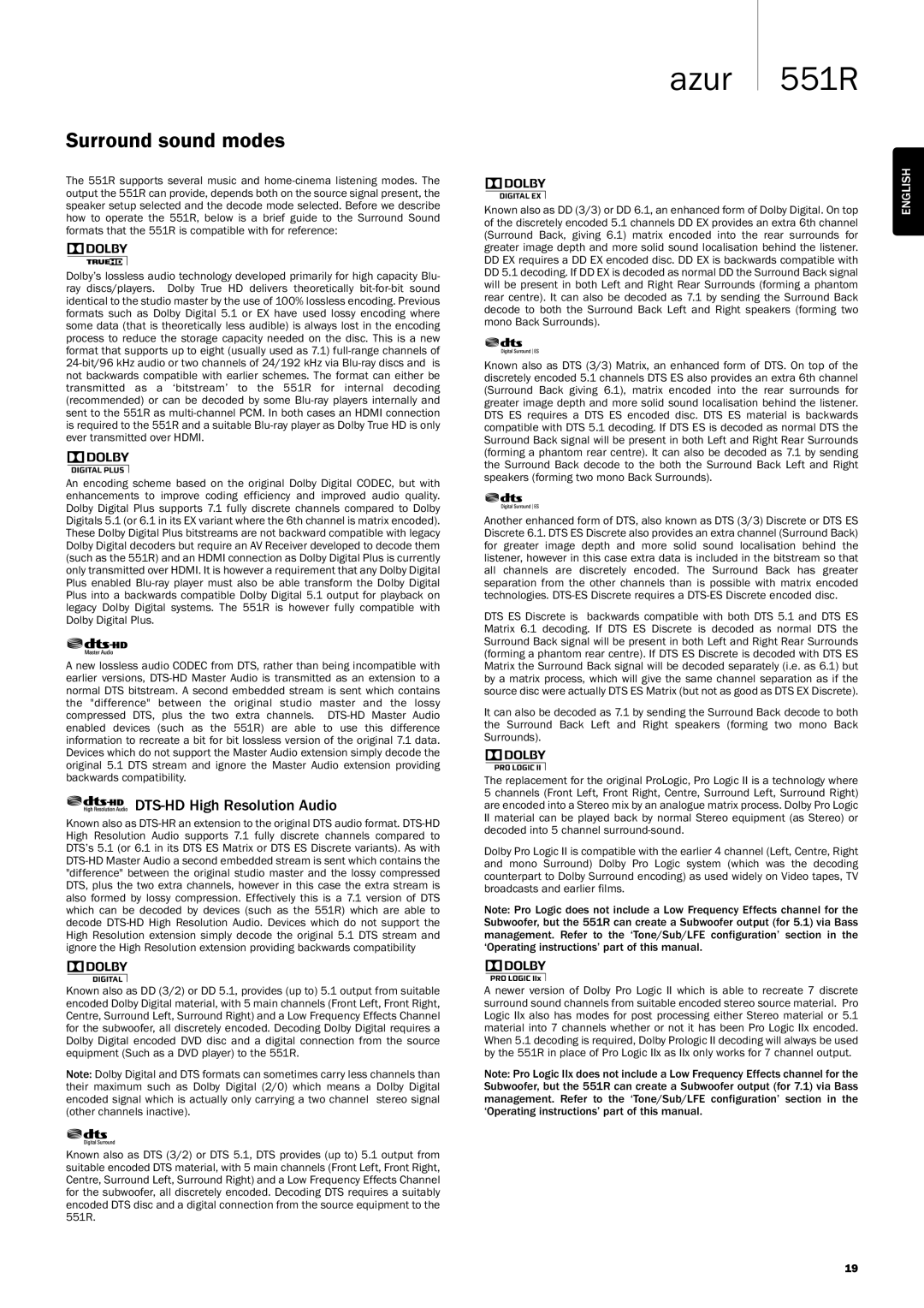 Cambridge Audio 551R user manual Surroundsoundmodes, DTS-HDHighResolutionAudio, MonoBackSurrounds 