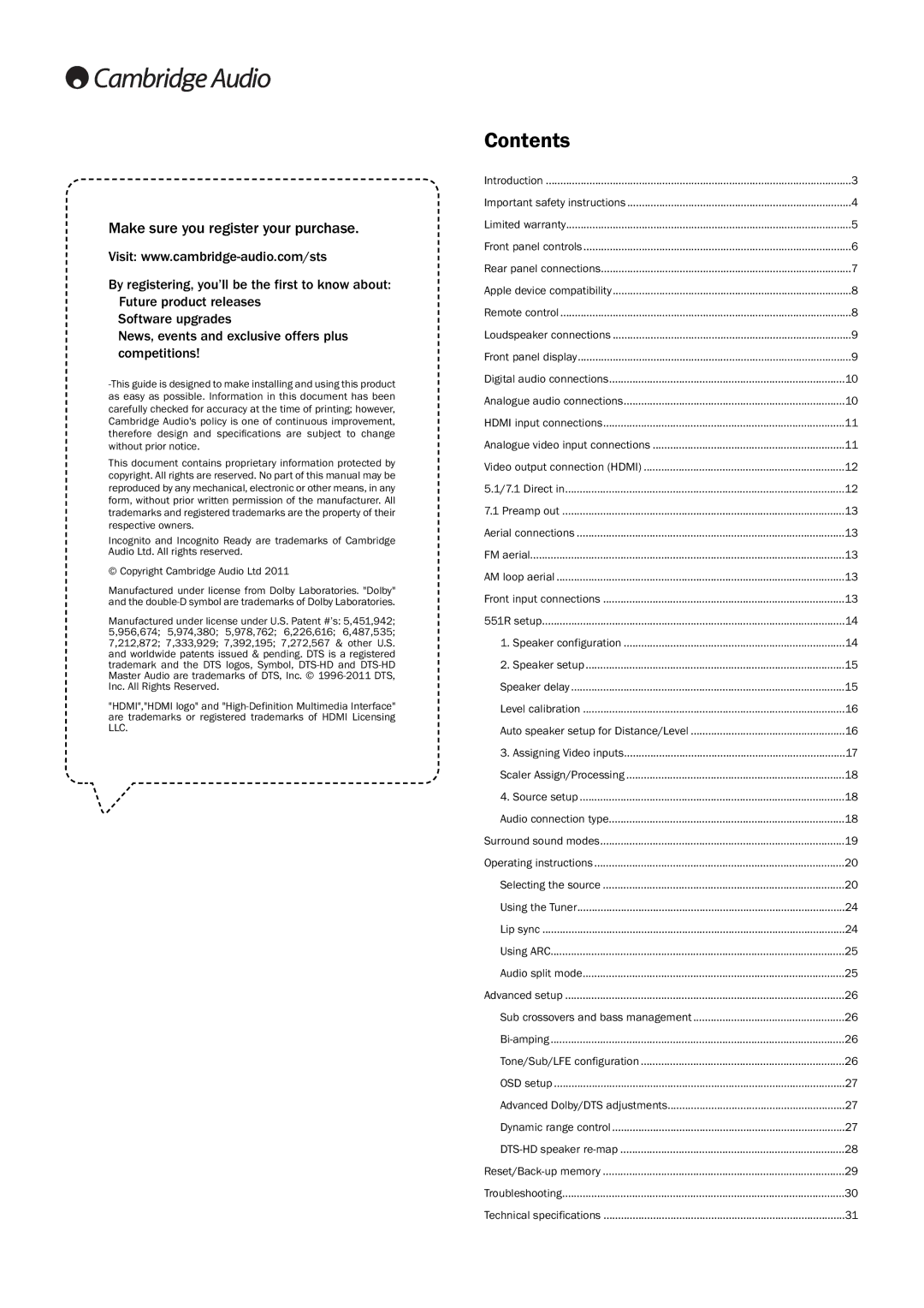 Cambridge Audio 551R user manual Contents 