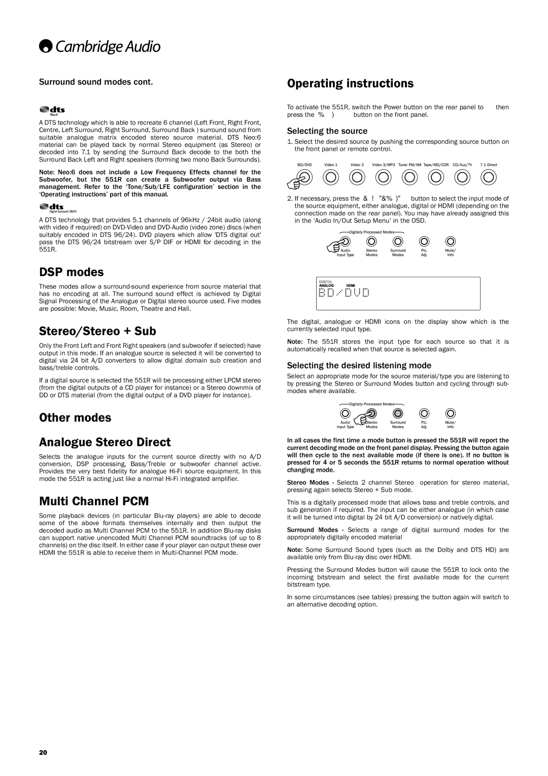 Cambridge Audio 551R DSPmodes, Stereo/Stereo+Sub, Othermodes AnalogueStereoDirect, MultiChannelPCM, Operatinginstructions 