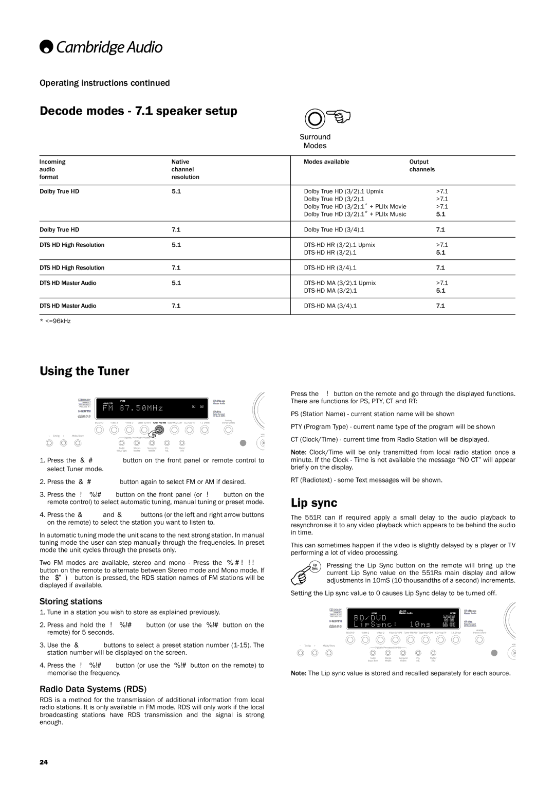 Cambridge Audio 551R user manual UsingtheTuner, Lipsync, Storingstations, RadioDataSystemsRDS 