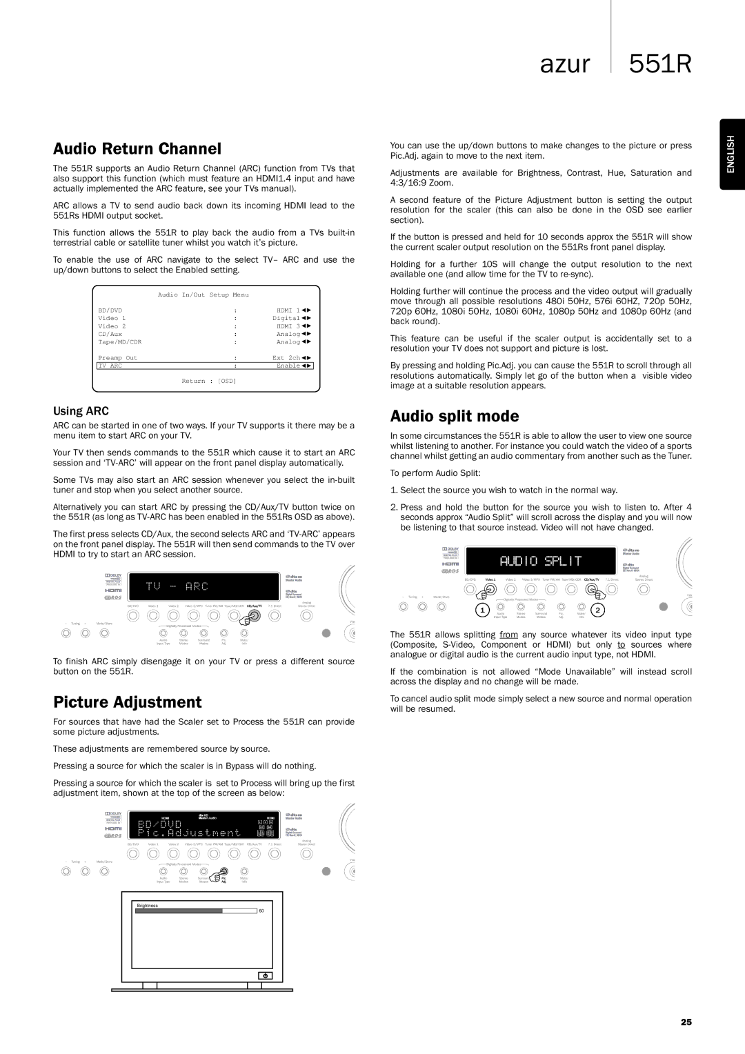 Cambridge Audio 551R user manual AudioReturnChannel, PictureAdjustment, Audiosplitmode, UsingARC 