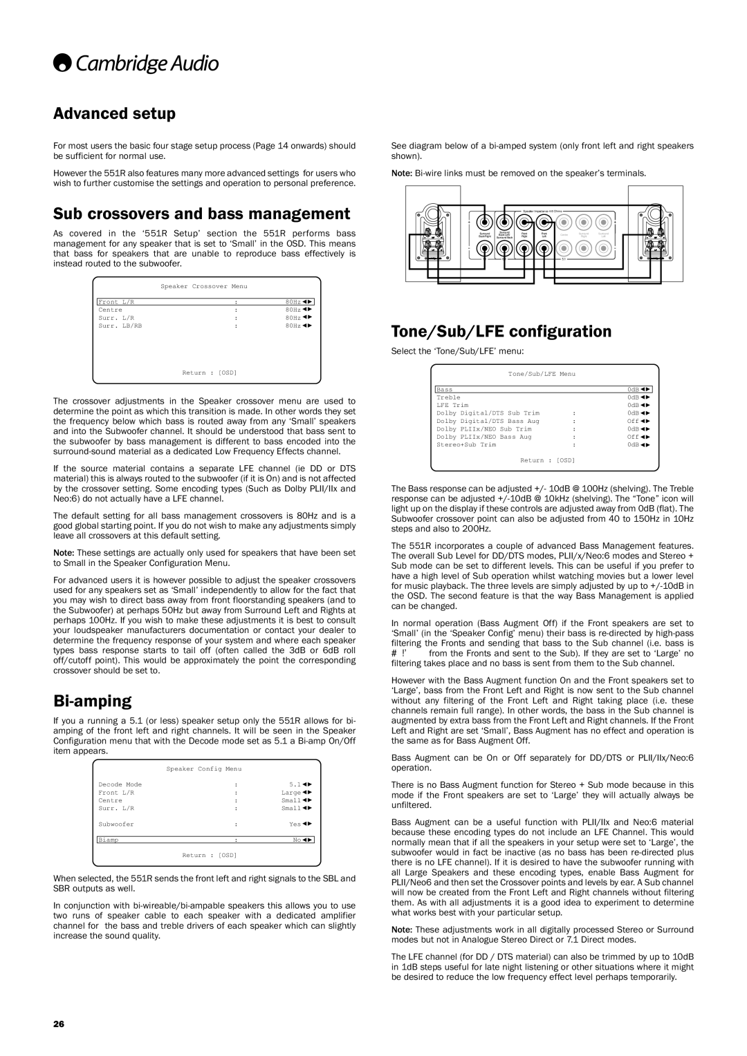 Cambridge Audio 551R user manual Advancedsetup, Subcrossoversandbassmanagement, Bi-amping, Tone/Sub/LFEconfiguration 