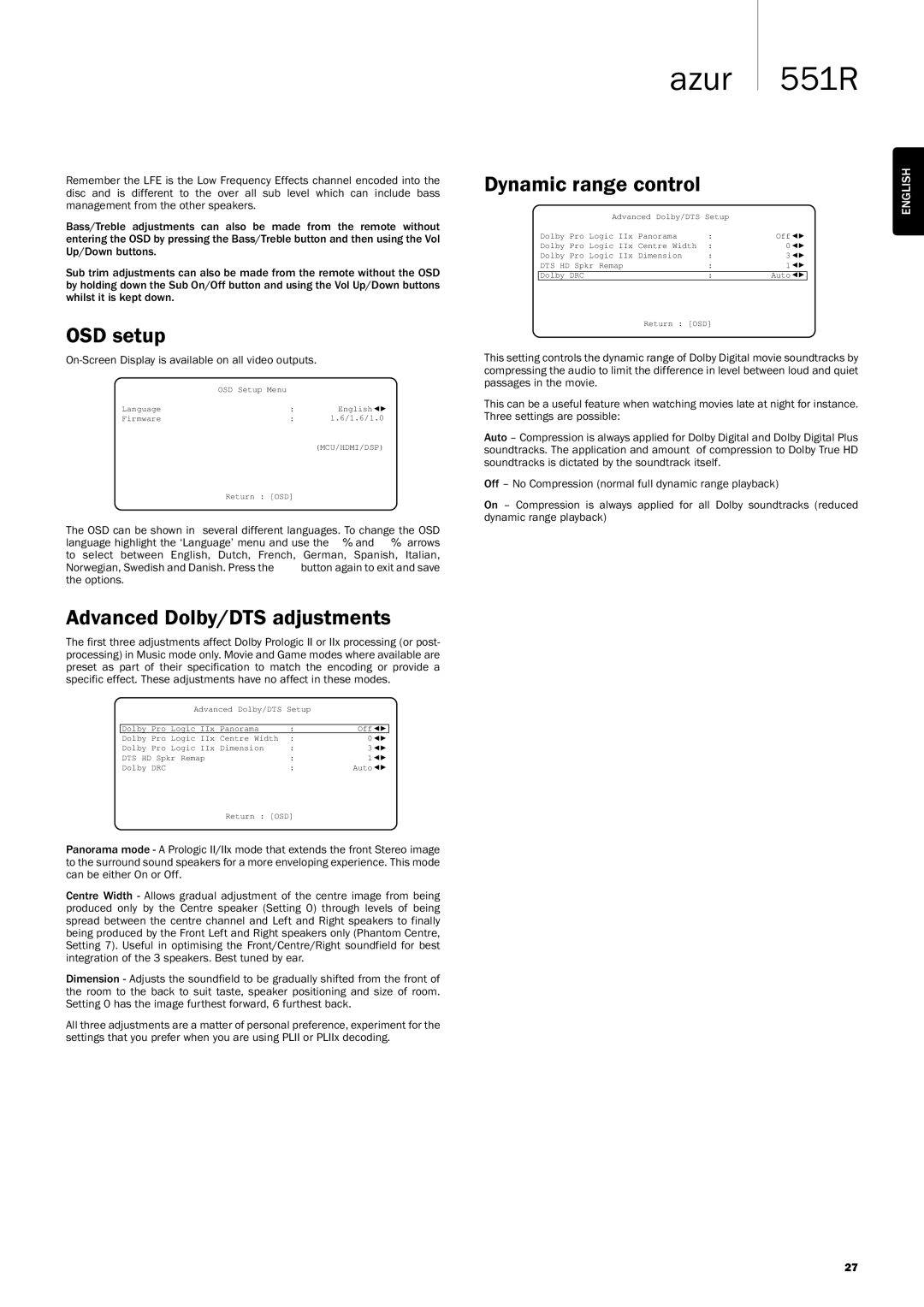 Cambridge Audio 551R user manual OSDsetup, AdvancedDolby/DTSadjustments, On-ScreenDisplayisavailableonallvideooutputs 