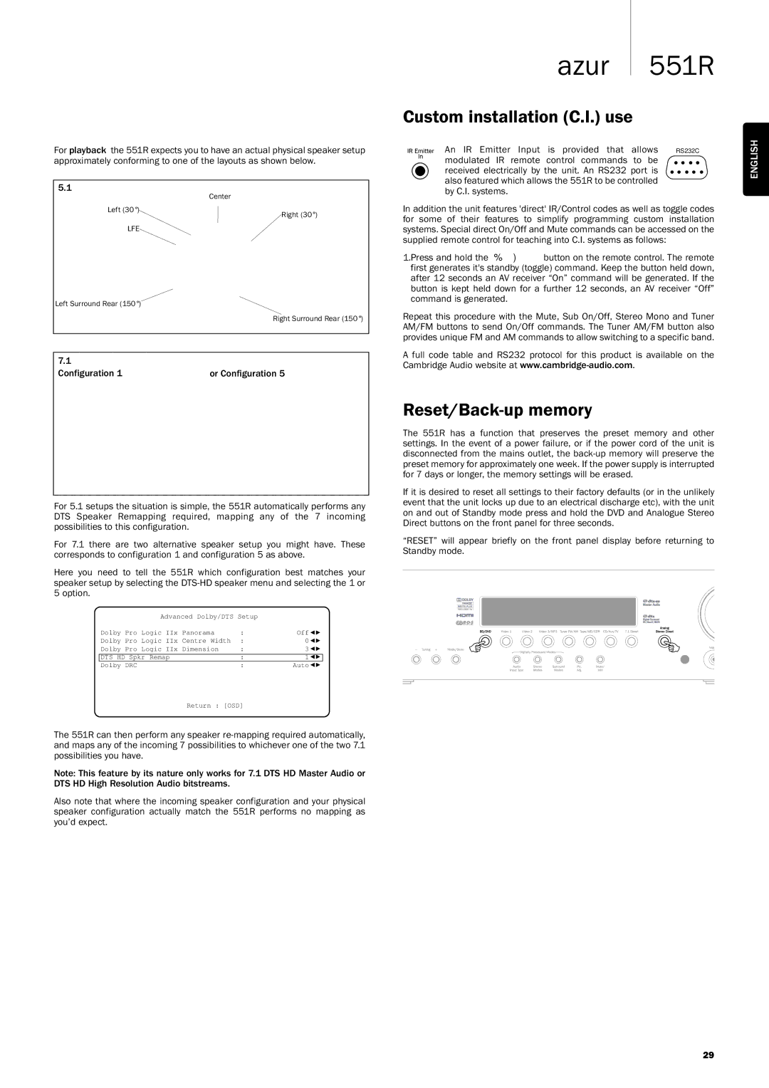 Cambridge Audio 551R user manual CustominstallationC.I.use, Reset/Back-upmemory 