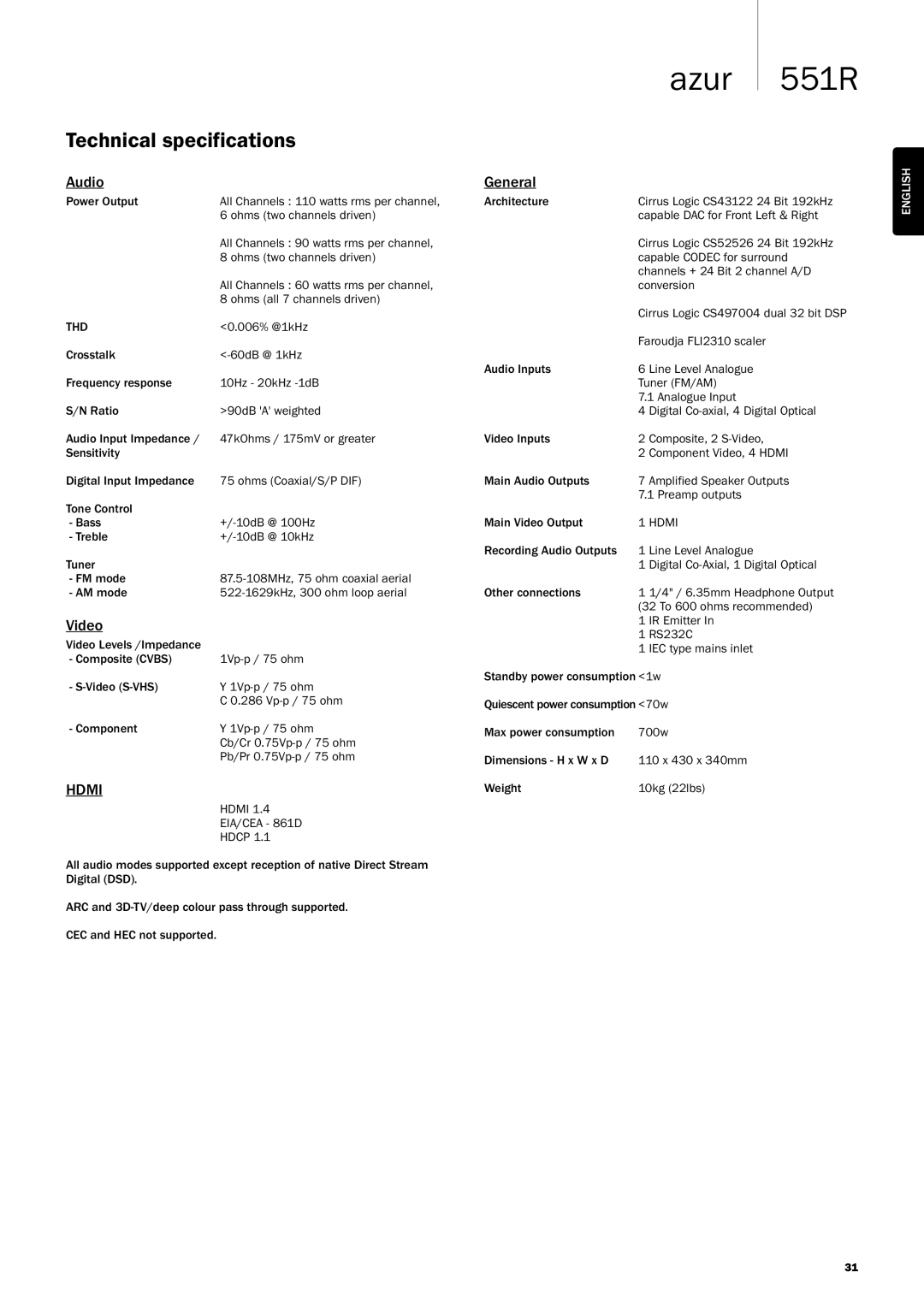 Cambridge Audio 551R user manual Technicalspecifications, Audio, General, Video 