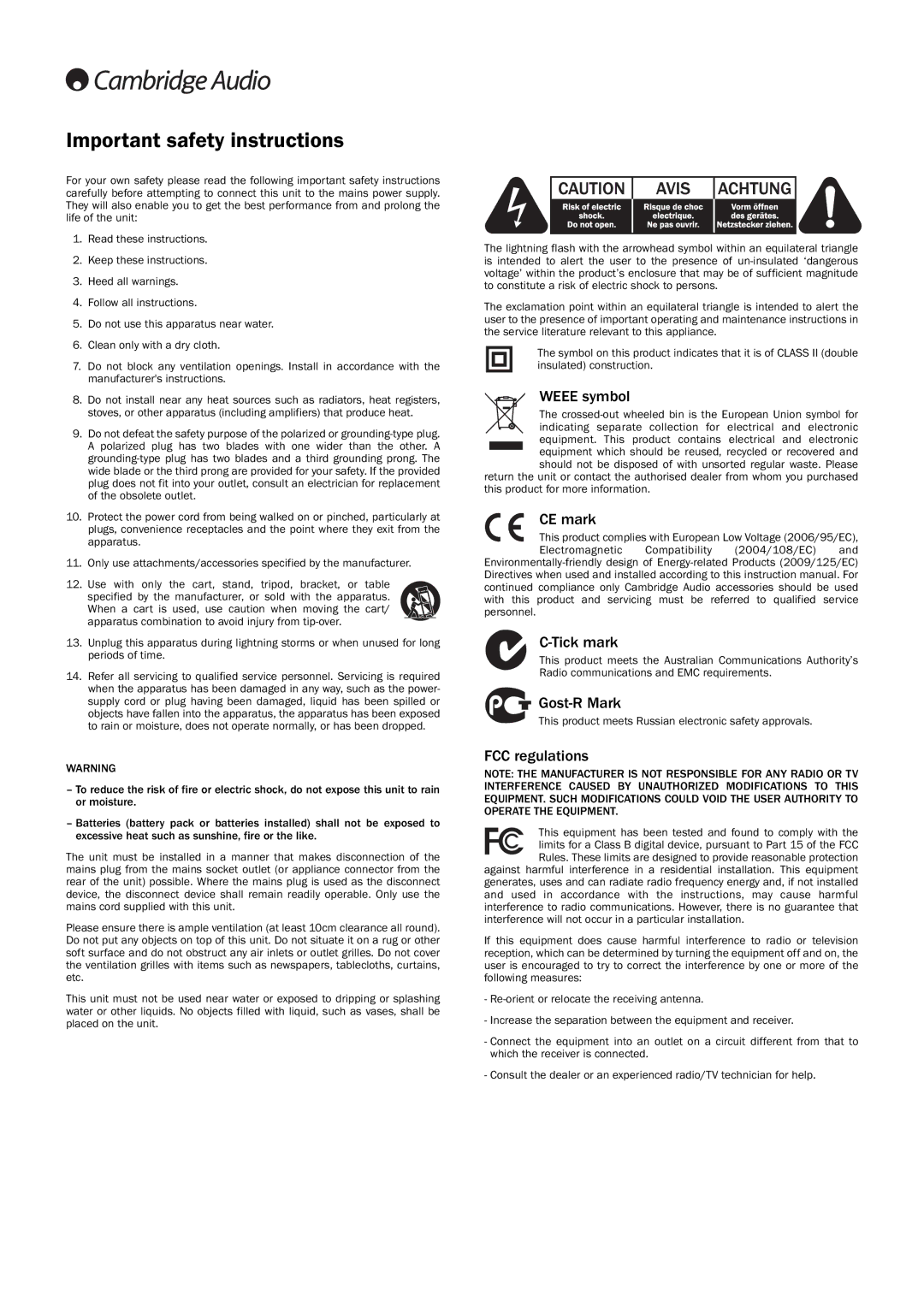 Cambridge Audio 551R user manual Importantsafetyinstructions 