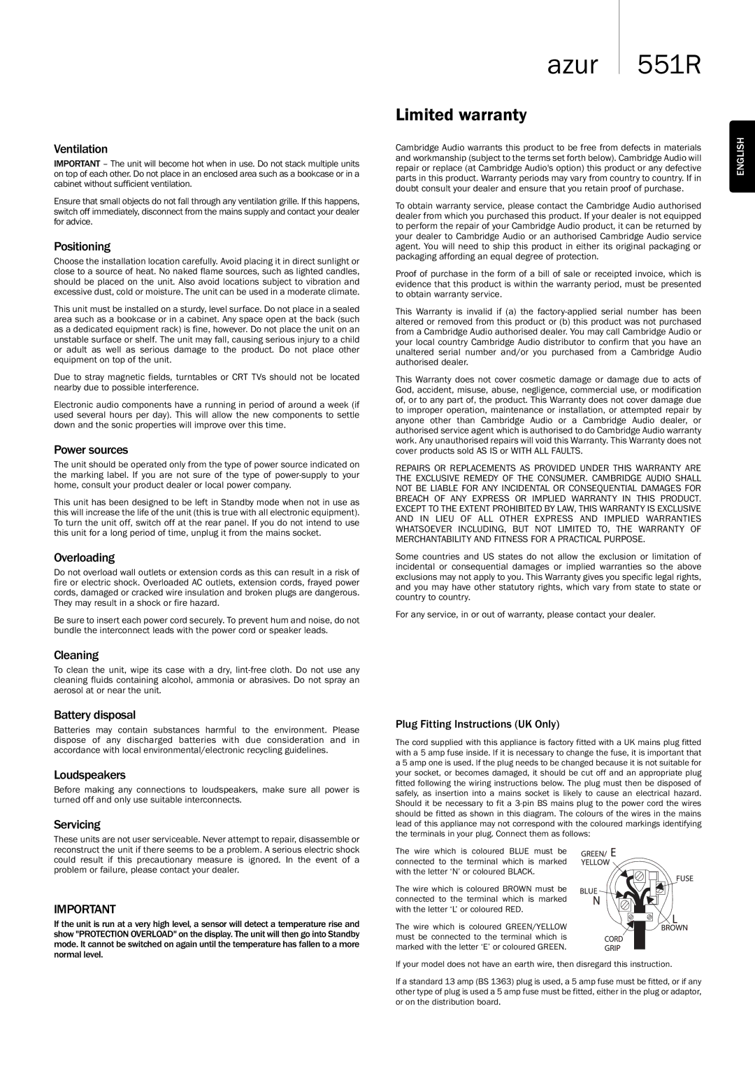 Cambridge Audio 551R user manual Limitedwarranty 