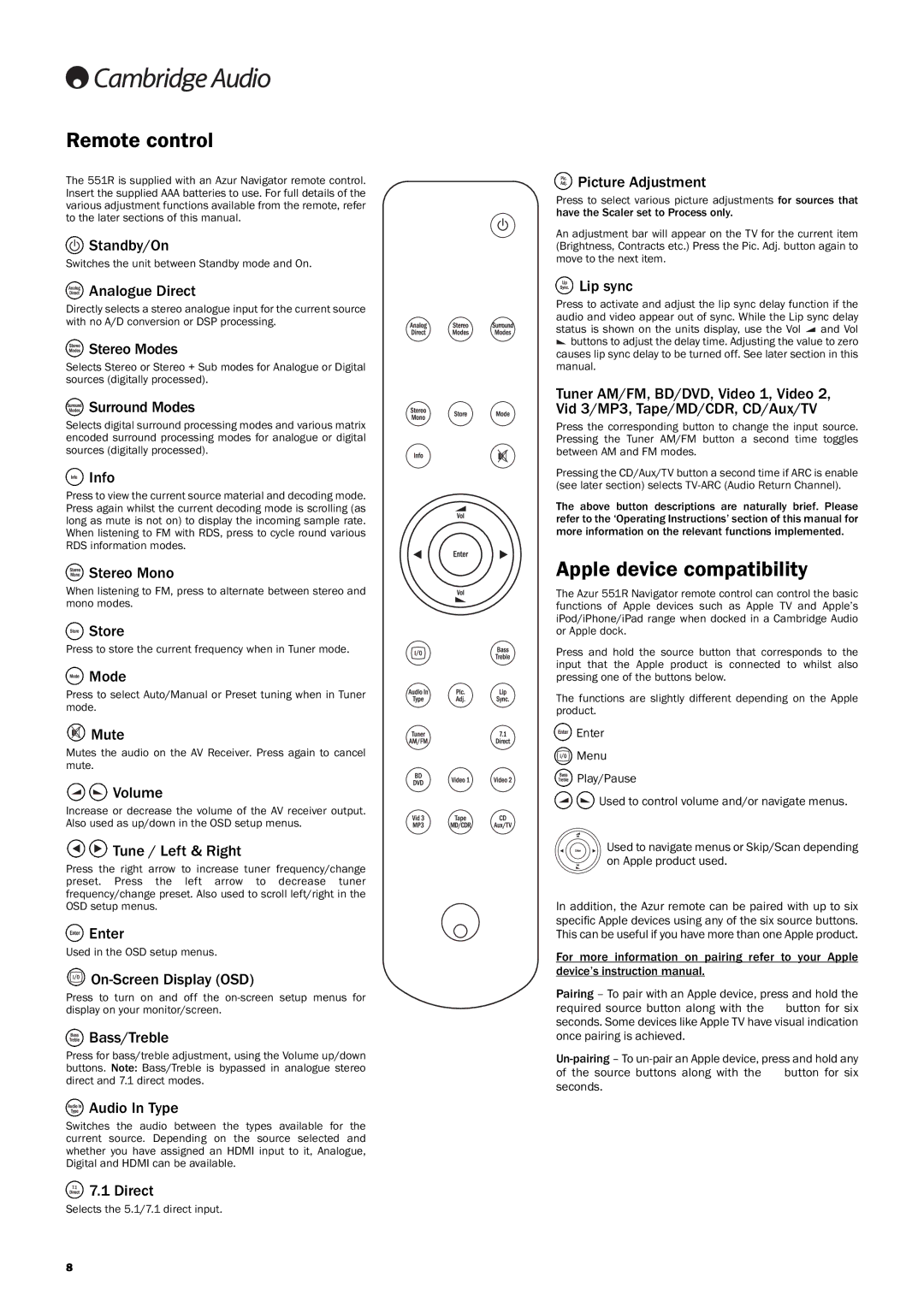 Cambridge Audio 551R user manual Remotecontrol, Appledevicecompatibility 