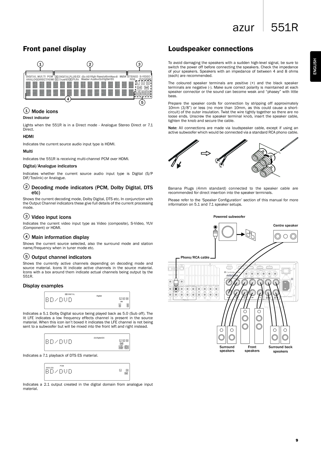 Cambridge Audio 551R user manual Frontpaneldisplay, Loudspeakerconnections 