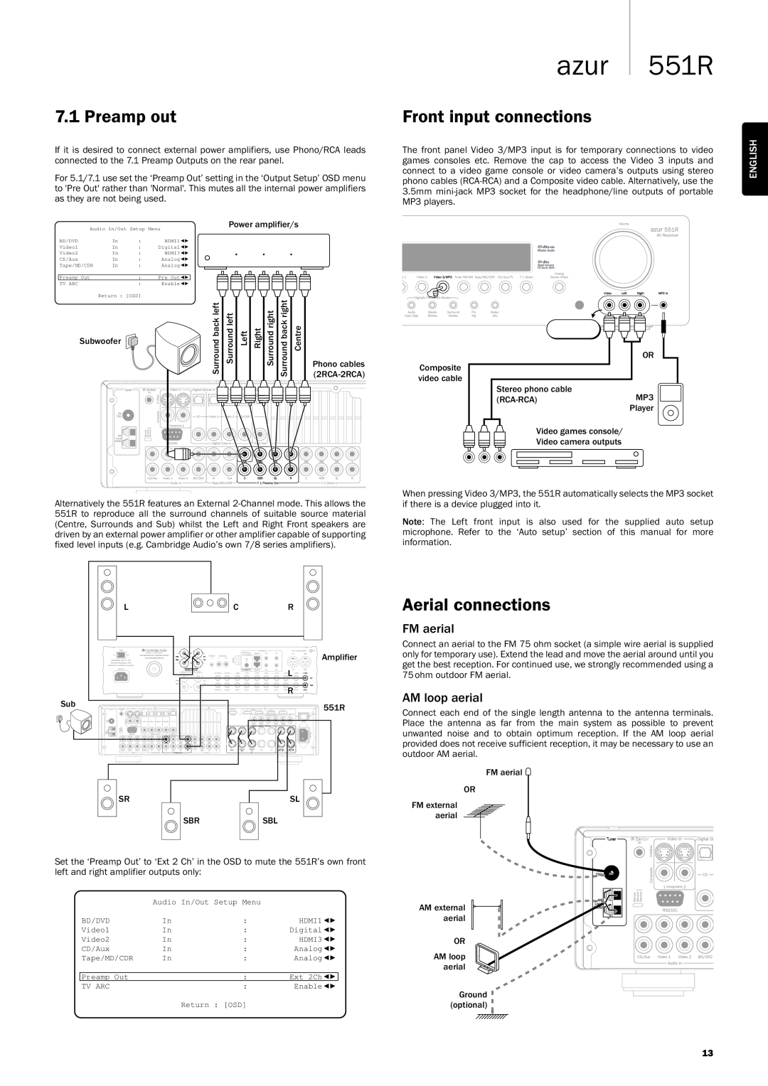 Cambridge Audio 551R user manual 7.1Preampout, Frontinputconnections, Aerialconnections, azur 