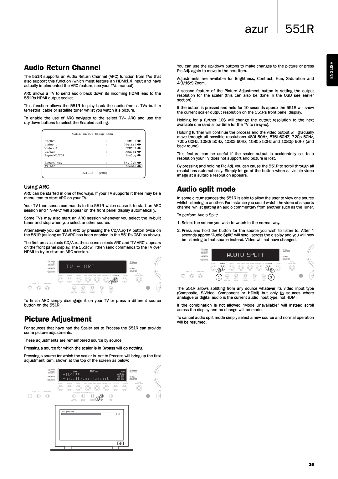 Cambridge Audio user manual AudioReturnChannel, PictureAdjustment, Audiosplitmode, azur 551R, English 