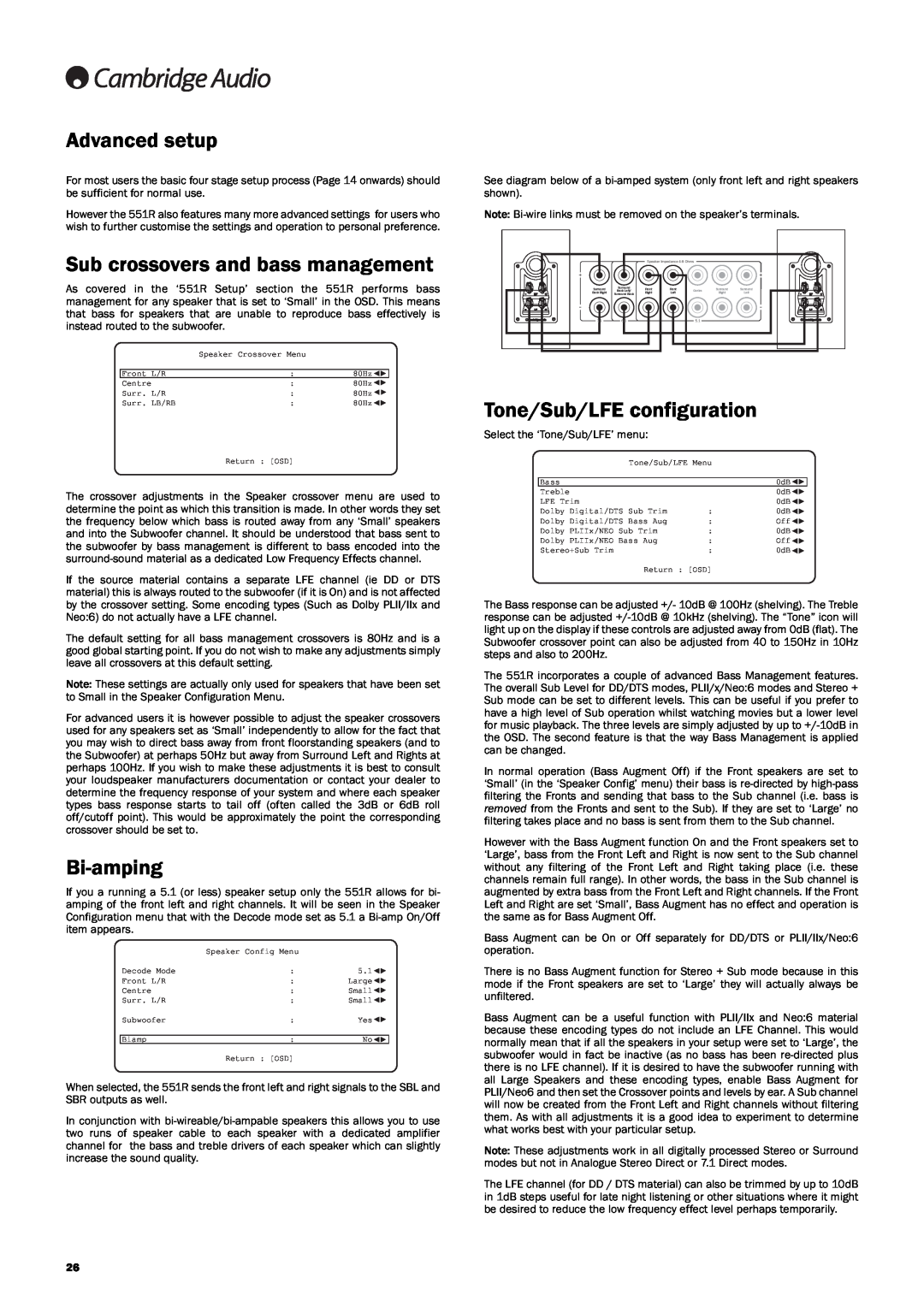 Cambridge Audio 551R user manual Advancedsetup, Subcrossoversandbassmanagement, Bi-amping, Tone/Sub/LFEconfiguration 