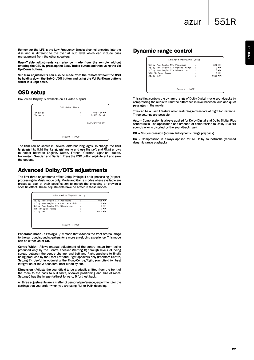 Cambridge Audio user manual OSDsetup, AdvancedDolby/DTSadjustments, Dynamicrangecontrol, azur 551R, English 