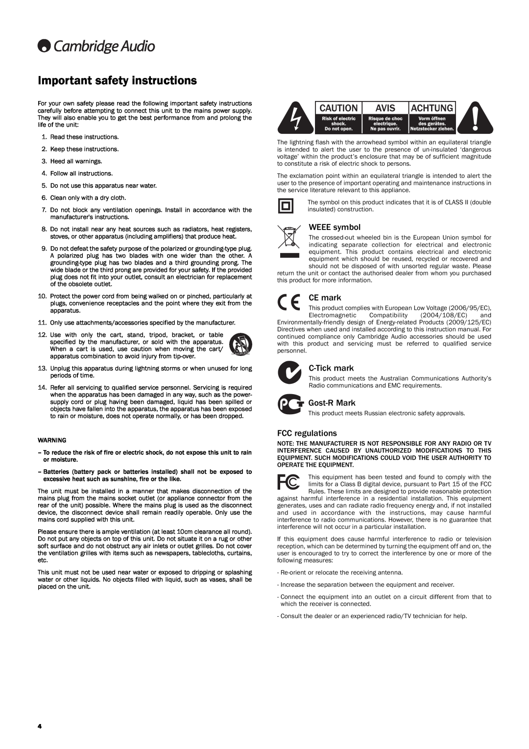 Cambridge Audio 551R user manual Importantsafetyinstructions, WEEEsymbol, CEmark, C-Tickmark, Gost-RMark, FCCregulations 