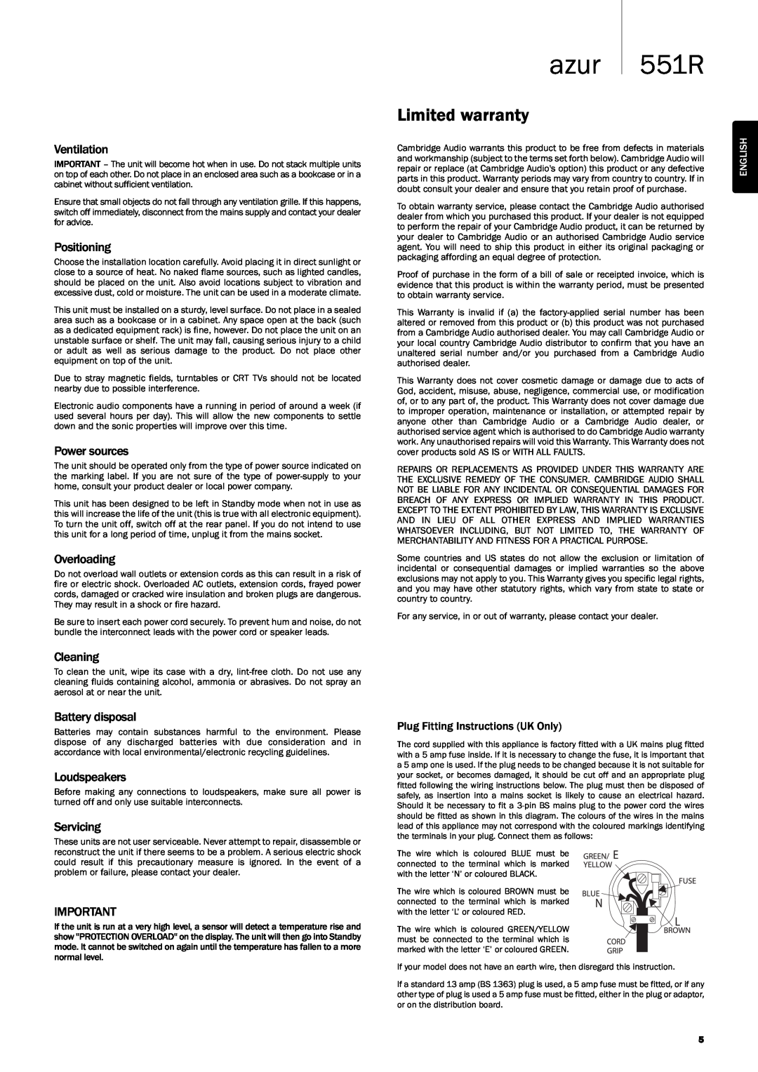 Cambridge Audio 551R user manual azur, Limitedwarranty, PlugFittingInstructionsUKOnly 