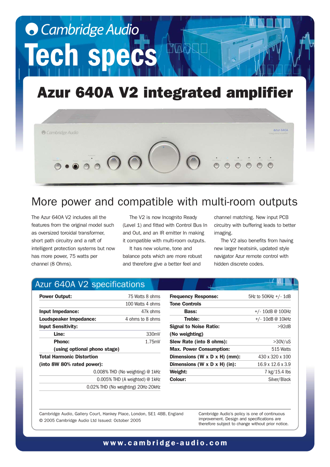 Cambridge Audio specifications Tech specs, Azur 640A V2 integrated amplifier, Azur 640A V2 specifications 