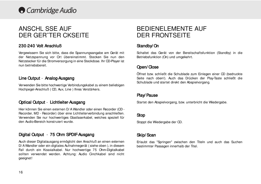 Cambridge Audio 640C user manual Anschlüsse AUF DER Geräterückseite, Bedienelemente AUF DER Frontseite 