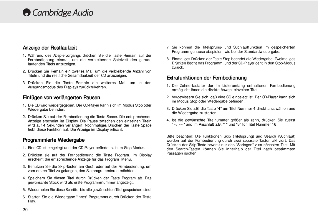 Cambridge Audio 640C user manual Anzeige der Restlaufzeit, Einfügen von verlängerten Pausen, Programmierte Wiedergabe 