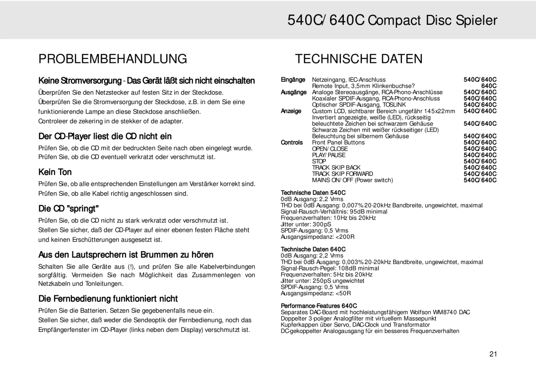 Cambridge Audio 640C user manual Problembehandlung, Technische Daten 