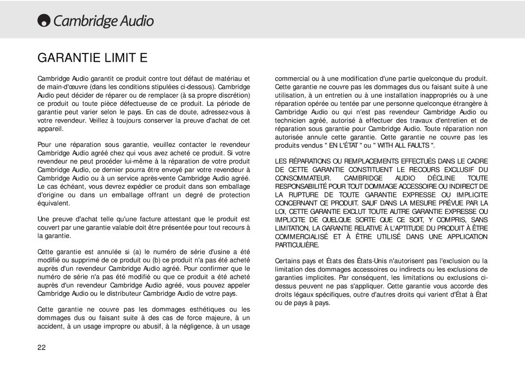 Cambridge Audio 640C user manual Garantie Limitée 