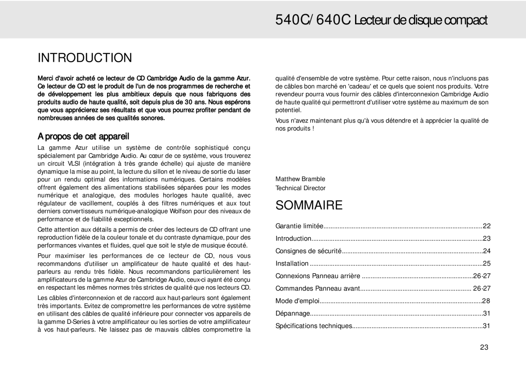 Cambridge Audio 640C user manual Sommaire, Propos de cet appareil 