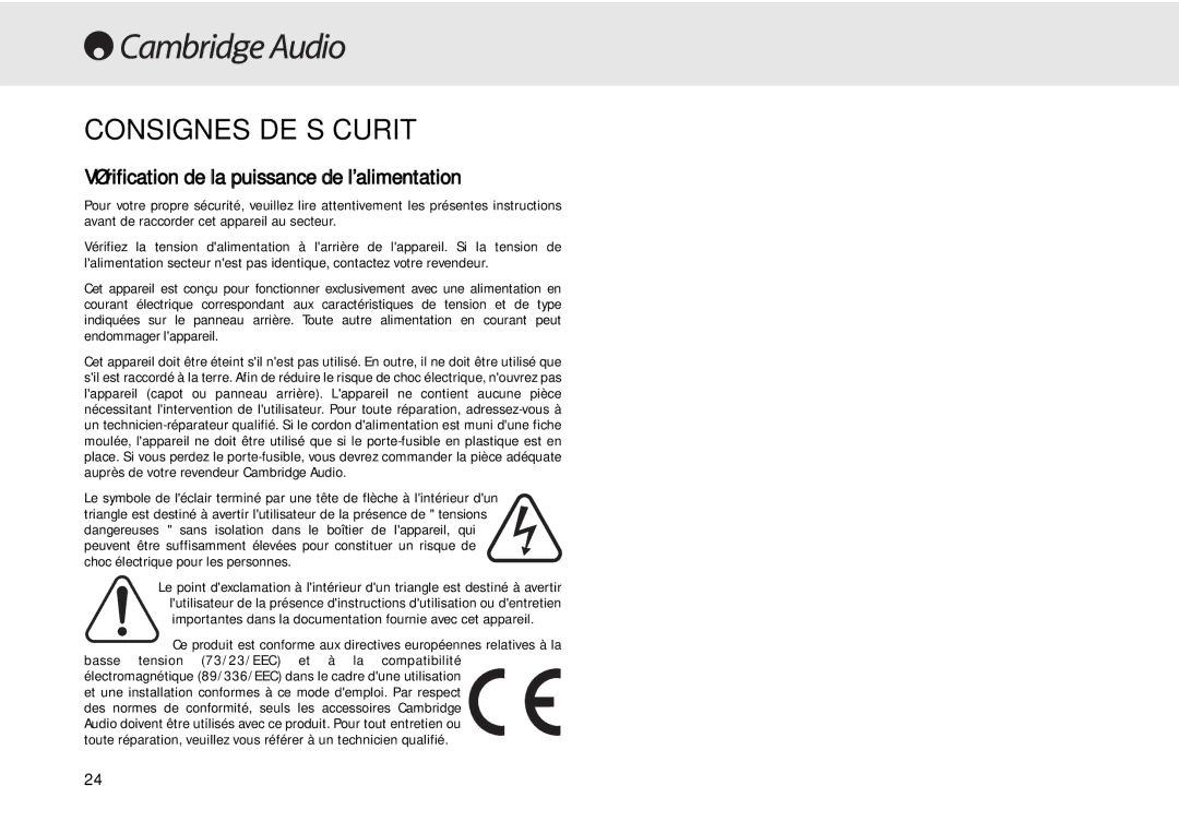 Cambridge Audio 640C user manual Consignes DE Sécurité, Vérification de la puissance de lalimentation 