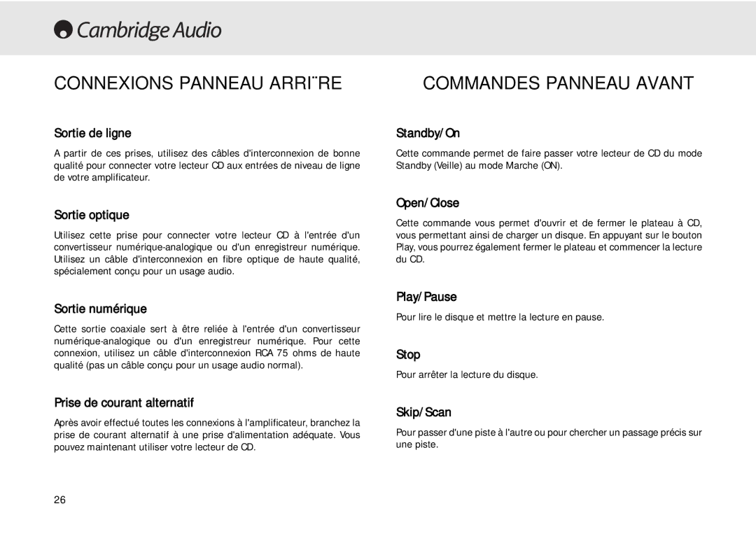 Cambridge Audio 640C user manual Connexions Panneau Arrière, Commandes Panneau Avant 