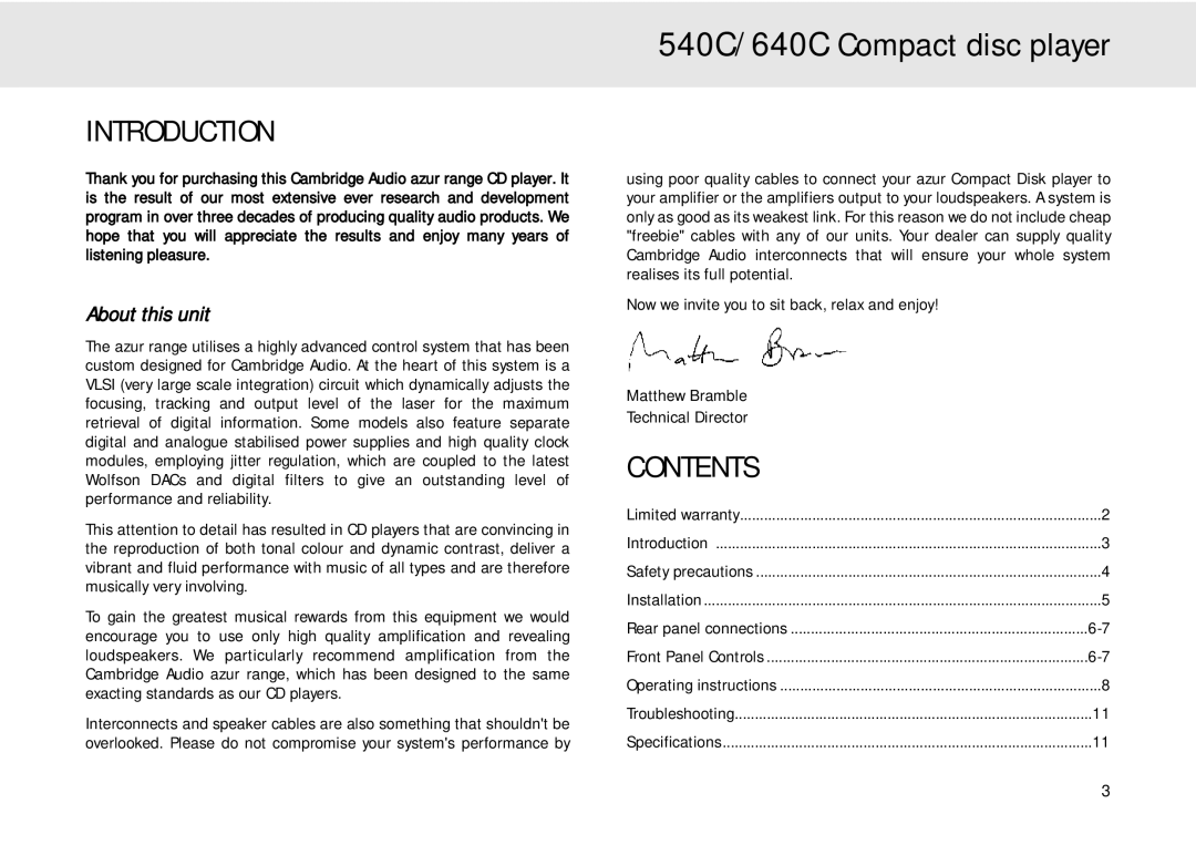 Cambridge Audio 640C user manual Introduction, Contents 