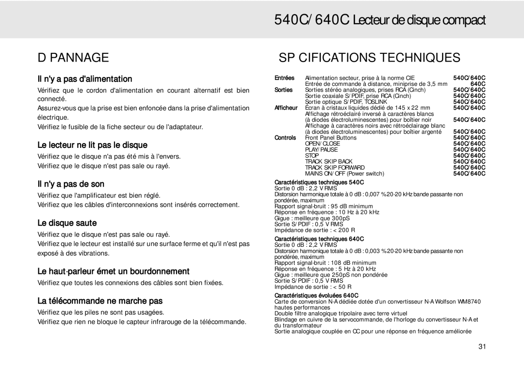 Cambridge Audio 640C user manual Dépannage, Spécifications Techniques 