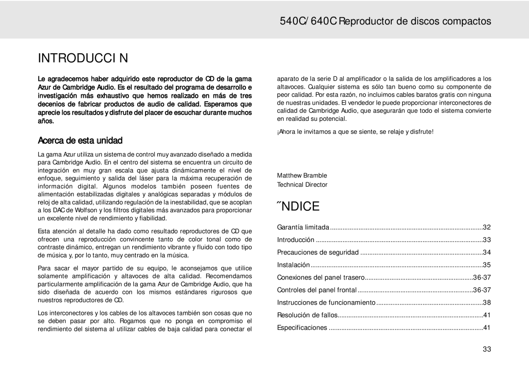 Cambridge Audio 640C user manual Introducción, Índice, Acerca de esta unidad 