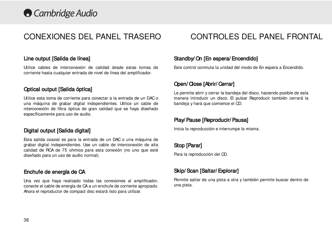 Cambridge Audio 640C user manual Conexiones DEL Panel Trasero, Controles DEL Panel Frontal 