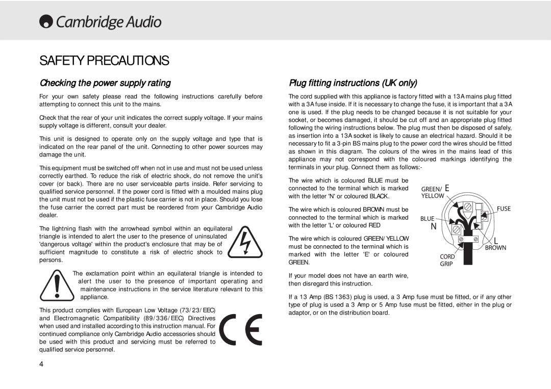 Cambridge Audio 640C user manual Safety Precautions, Checking the power supply rating, Plug fitting instructions UK only 