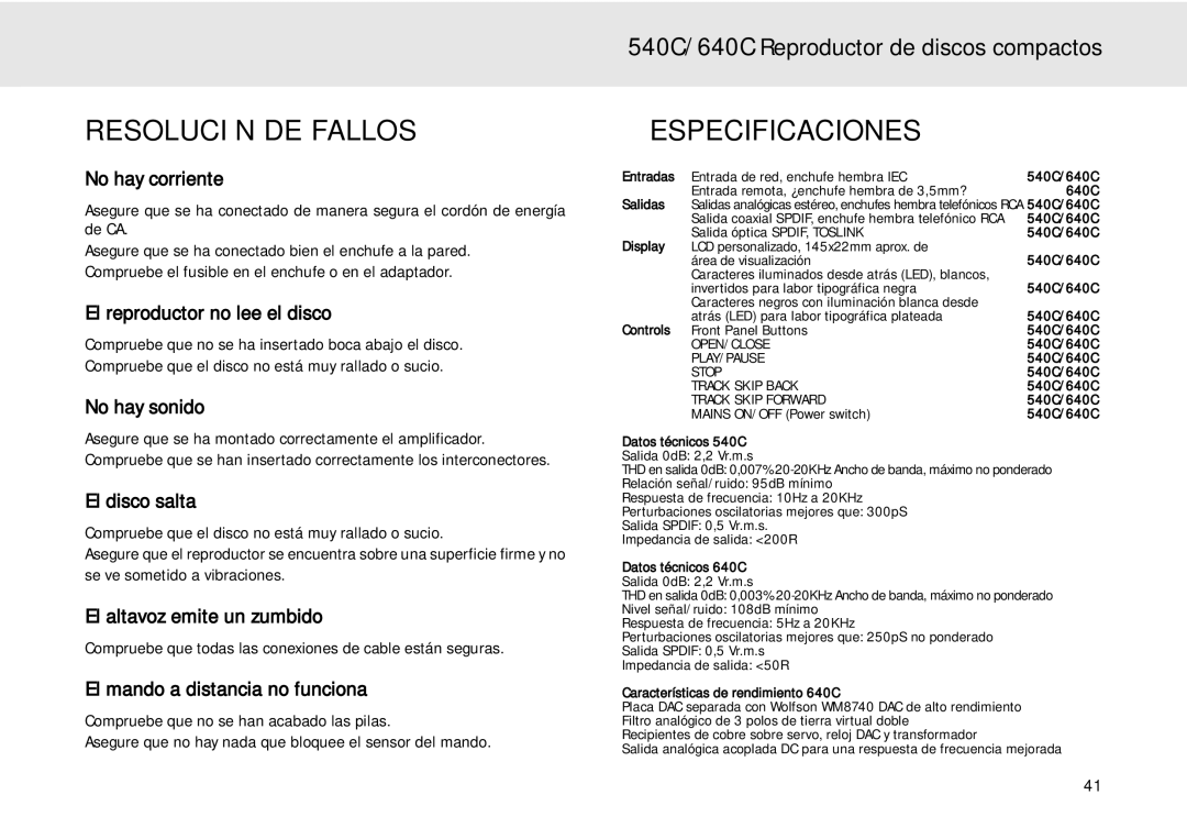 Cambridge Audio 640C user manual Resolución DE Fallos, Especificaciones 