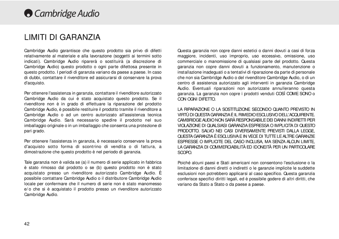 Cambridge Audio 640C user manual Limiti DI Garanzia, CON Ogni Difetto 