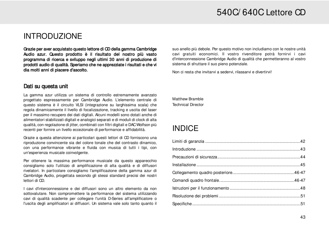 Cambridge Audio 640C user manual Introduzione, Indice, Dati su questa unità 