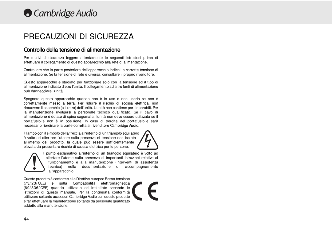 Cambridge Audio 640C user manual Precauzioni DI Sicurezza, Controllo della tensione di alimentazione 