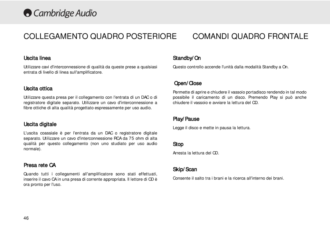 Cambridge Audio 640C user manual Collegamento Quadro Posteriore, Comandi Quadro Frontale 