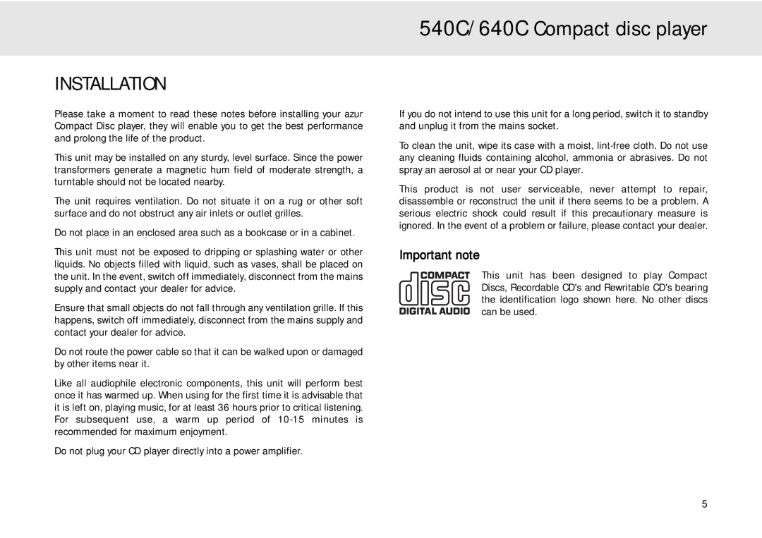 Cambridge Audio 640C user manual Installation, Important note 