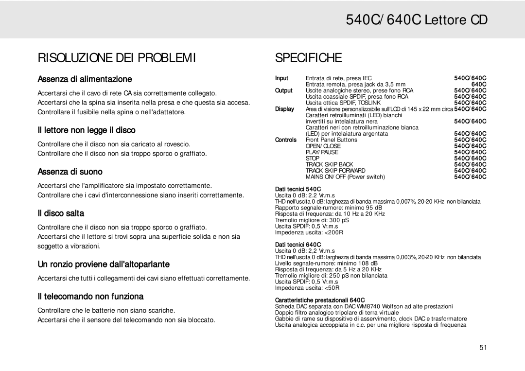 Cambridge Audio 640C user manual Risoluzione DEI Problemi, Specifiche 